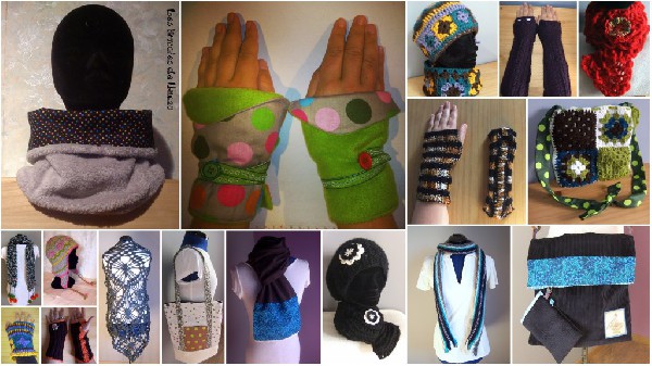 Accessoires textiles vestimentaires: sacs, mitaines réversibles, snood (cache col), tour de cou, bonnet, écharpes, foulards...